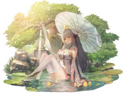 Rule 34 | 1girl, animal, animal on head, artist request, bell, bird, bird on head, border, bracelet, breasts, brown eyes, choko (cup), cleavage cutout, closed mouth, clothing cutout, cup, gold trim, grey hair, hair ribbon, holding, holding umbrella, jewelry, lily pad, long hair, looking away, masterwork apocalypse, medium breasts, official art, on head, on water, outdoors, plant, red ribbon, ribbon, rock, shirt, sitting, smile, solo, swept bangs, tassel, thighhighs, thighs, tokkuri, tray, tree, umbrella, very long hair, water, white border, white shirt, white thighhighs, white umbrella, wing hair ornament, yunei (masterwork apocalypse)