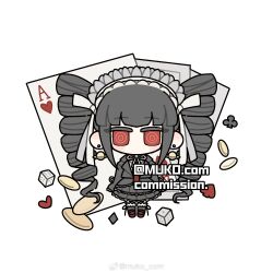 Rule 34 | 1girl, ace (playing card), ace of hearts, artist name, black hair, black jacket, black ribbon, black skirt, black socks, blazer, blush stickers, bow, card, celestia ludenberg, chibi, club (shape), collared jacket, collared shirt, commission, danganronpa: trigger happy havoc, danganronpa (series), diamond (shape), dice, drill hair, flat color, frilled hairband, frilled jacket, frilled skirt, frilled sleeves, frilled socks, frills, hair bow, hairband, heart, highres, jacket, kneehighs, lapels, lolita hairband, long hair, long sleeves, looking at viewer, mary janes, medium skirt, muko com, neck ribbon, necktie, no mouth, notched lapels, open clothes, open jacket, planet earrings, playing card, red eyes, red footwear, red necktie, ribbon, ribbon legwear, shirt, shoes, simple background, skirt, skirt set, sleeve ribbon, sleeves past fingers, sleeves past wrists, socks, solo, spade (shape), straight-on, twin drills, twintails, very long hair, weibo watermark, white background, white bow, white hairband, white ribbon, white shirt