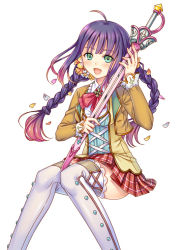 1girl :d ahoge blush braid cropped_jacket fang female_focus flower green_eyes hair_flower hair_ornament long_hair open_mouth original otosume_ruiko petals plaid_clothes plaid_skirt pleated_skirt purple_hair sheath sheathed sitting skirt smile solo sword thighhighs twin_braids weapon white_thighhighs