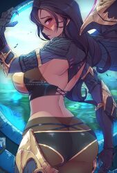 Rule 34 | 1girl, arm armor, armor, artist name, ass, ass focus, black bra, black panties, blush, bra, breasts, closed mouth, commentary, cowboy shot, detached wings, english commentary, facial mark, from behind, furrowed brow, himmely, kai&#039;sa, large breasts, league of legends, light smile, long hair, looking at viewer, looking back, outdoors, panties, patreon username, purple eyes, purple hair, shoulder armor, sideboob, solo, standing, thick thighs, thighs, underwear, whisker markings, wings