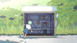 Rule 34 | 2boys, bench, black pants, blue hoodie, blue shorts, book, brown eyes, brown hair, bus stop, child, drawstring, forest, grass, green hair, highres, holding, holding book, holding grass, hood, hood down, hoodie, kojiro337, landscape, looking at another, male focus, multiple boys, nature, original, pants, plant, reading, road, road sign, scenery, shirt, shorts, sign, sitting, t-shirt, tree, white shirt