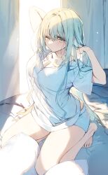 Rule 34 | 1girl, absurdres, backlighting, bare legs, blonde hair, blush, breasts, cleavage, grey eyes, hair between eyes, hair intakes, hands up, highres, kneeling, large breasts, long hair, on bed, one eye closed, original, pillow, shirt, shorts, solo, stretching, t-shirt, thighs, very long hair, wata (attaka towel), white shirt