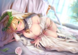 Rule 34 | 1girl, ahoge, bad id, bad twitter id, bare shoulders, belt, blonde hair, blurry, blurry background, blush, bodysuit, boots, breasts, bridal veil, chain, cleavage, closed mouth, day, fate/extra, fate/extra ccc, fate (series), flower, glint, gloves, gold, green eyes, highres, jewelry, kurofude anna, large breasts, lock, long hair, looking at viewer, lying, nero claudius (bride) (fate), nero claudius (bride) (third ascension) (fate), nero claudius (fate), nero claudius (fate) (all), on side, ornate ring, padlock, revision, ring, rose, sidelocks, smile, solo, thigh boots, thighhighs, veil, wedding ring, white flower, white footwear, white gloves, white rose, window, zipper