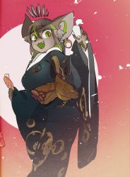 Rule 34 | 1girl, :d, animal ears, blue kimono, colored skin, colored tongue, cup, earrings, fangs, furry, furry female, green eyes, green tongue, grey fur, grey skin, halftone, halo, hands up, highres, holding, holding cup, idkuroi, japanese clothes, jewelry, kimono, kuroi-chan (kuroi moyamoya), long sleeves, looking at viewer, obi, open mouth, original, sash, slit pupils, smile, solo, wide sleeves, yellow sash