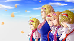 Rule 34 | 5girls, alice margatroid, blonde hair, blue eyes, blush, breasts, closed mouth, cookie (touhou), closed eyes, faceless, faceless female, facing away, from side, hairband, highres, hinase (cookie), huge breasts, ichigo (cookie), jigen (cookie), medium breasts, multiple girls, parted lips, sakamochi, sakuranbou (cookie), short hair, small breasts, smile, taisa (cookie), teeth, touhou, upper body