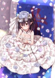 Rule 34 | 1girl, azur lane, bare shoulders, blue flower, blue rose, blush, breasts, bridal veil, brown hair, cleavage, closed mouth, commentary request, detached collar, dress, flower, glint, hair flower, hair ornament, head tilt, highres, isuzu (azur lane), jewelry, layered dress, medium breasts, mochiyuki, petals, pleated dress, pointy ears, red eyes, ring, rose, see-through, smile, solo, strapless, strapless dress, veil, wedding band, wedding dress, white dress
