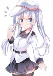Rule 34 | 1girl, ^^^, alternate hairstyle, black sailor collar, black skirt, black thighhighs, blue eyes, cowboy shot, fathom, flat cap, hammer and sickle, hat, hibiki (kancolle), highres, kantai collection, looking at viewer, pleated skirt, sailor collar, school uniform, serafuku, silver hair, simple background, skirt, solo, thighhighs, twintails, verniy (kancolle), white background, white hat