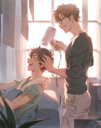 Rule 34 | 2boys, absurdres, ace of diamond, brown hair, day, drying, drying hair, glasses, hair dryer, hand on another&#039;s head, highres, holding, holding hair dryer, looking at another, male focus, miyuki kazuya, multiple boys, open mouth, pants, sato (sato 1 11), sawamura eijun, shirt, short hair, sideburns, sitting, smile, teeth, towel, towel around neck, wet, wet hair, window
