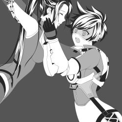 Rule 34 | 2girls, blood, blood from mouth, bodysuit, bomber jacket, breasts, chain, chest harness, earrings, closed eyes, gloves, goggles, grey background, greyscale, harness, highres, jacket, jewelry, kaoruru (sakuno2911), long hair, looking at another, medium breasts, monochrome, multiple girls, open mouth, overwatch, overwatch 1, ponytail, restrained, short hair, simple background, spiked hair, stud earrings, tears, tracer (overwatch), upper body, very long hair, wide-eyed, widowmaker (overwatch), yuri