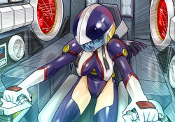 Rule 34 | 00s, 1girl, :o, black hair, blue thighhighs, bodysuit, breasts, breasts apart, cockpit, cowboy shot, emphasis lines, from above, fujimura shizuru, garter straps, gloves, hair between eyes, helmet, highleg, highleg leotard, impossible clothes, impossible leotard, large breasts, leotard, long hair, monitor, open mouth, outstretched arms, pilot suit, sagging breasts, secretive, shinkon gattai godannar!!, shouting, sidelocks, sitting, solo, speed lines, thighhighs, visor