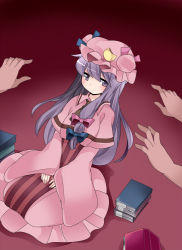 Rule 34 | 1girl, bad id, bad nicoseiga id, book, capelet, commentary request, crescent, crescent hair ornament, dress, hair ornament, hair ribbon, hammer (sunset beach), hat, long hair, multiple hands, patchouli knowledge, purple eyes, purple hair, ribbon, solo focus, striped clothes, striped dress, touhou, wide sleeves