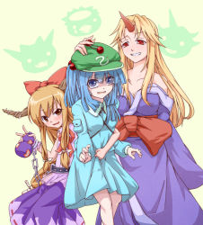 Rule 34 | 3girls, alternate costume, arm around waist, arm up, bare shoulders, belt, blonde hair, blue eyes, blue hair, bow, breasts, chain, cleavage, cuffs, gourd, gradient background, grin, hair bobbles, hair bow, hair ornament, hand on another&#039;s head, hat, hidarikata, horns, hoshiguma yuugi, ibuki suika, japanese clothes, kappa, kawashiro nitori, kimono, large breasts, long hair, long sleeves, looking at another, looking at viewer, low-tied long hair, medium breasts, multiple girls, obi, off shoulder, oni, parted lips, red eyes, sash, shackles, shirt, simple background, skirt, skirt set, sleeveless, sleeveless shirt, smile, tears, touhou, two side up, v, wrist cuffs, yellow eyes