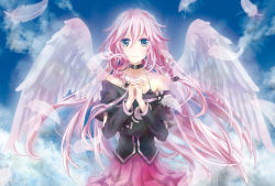Rule 34 | 1girl, angel wings, blue eyes, braid, feathers, ia (vocaloid), iari (etc), long hair, looking at viewer, pink hair, skirt, smile, solo, twin braids, very long hair, vocaloid, wings