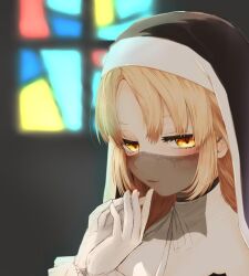 Rule 34 | 1girl, blonde hair, festa11307070, frilled gloves, frills, gloves, high collar, indoors, long hair, looking at viewer, mouth veil, nijisanji, nun, own hands clasped, own hands together, parted lips, sideways glance, sister claire, sister claire (1st costume), smile, solo, stained glass, straight hair, traditional nun, upper body, veil, virtual youtuber, white gloves, yellow eyes