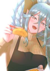 Rule 34 | 1girl, :d, alternate costume, apron, black apron, blue hair, blue nails, blush, breasts, brown sweater, chopsticks, cipher4109, crossed bangs, dragon girl, fangs, fate/grand order, fate (series), feeding, hair between eyes, head tilt, highres, holding, holding plate, horns, large breasts, larva tiamat (fate), larva tiamat (third ascension) (fate), long braid, long hair, looking at viewer, nail polish, open mouth, plate, pointy ears, red eyes, ribbed sweater, short eyebrows, smile, solo, sweater, symbol-shaped pupils, tiamat (fate), turtleneck, turtleneck sweater, upper body, x x
