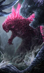 Rule 34 | absurdres, blue eyes, claws, crossover, crystal, giant, giant monster, gills, glowing, glowing eyes, glowing gills, glowing mouth, glowing spikes, godzilla, godzilla (series), godzilla evolved, godzilla x kong: the new empire, highres, ice, jinsu kang, kaijuu, king kong (series), legendary pictures, monster, monsterverse, open mouth, pink eyes, sharp teeth, shimo (monsterverse), spiked tail, spikes, tail, teeth, toho, tongue