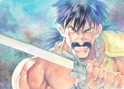 Rule 34 | 1boy, agahari, armor, black hair, blood, clenched teeth, commentary request, dragon quest, dragon quest v, facial hair, green eyes, holding, holding sword, holding weapon, jewelry, long hair, looking at viewer, male focus, muscular, mustache, necklace, open mouth, papas, shoulder armor, single bare shoulder, solo, spiked hair, sword, teeth, traditional media, upper body, v-shaped eyebrows, weapon
