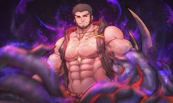 Rule 34 | 1boy, abs, avenger (dungeon and fighter), bara, bare pectorals, bare shoulders, beard, brown hair, chest tattoo, cross, cross necklace, dungeon and fighter, facial hair, highres, hood, hooded jacket, jacket, jewelry, kulolin, large pectorals, male focus, male priest (dungeon and fighter), mature male, monster boy, monsterification, muscular, muscular male, navel, necklace, nipples, octopus boy, open clothes, open jacket, paid reward available, pectorals, priest, priest (dungeon and fighter), red eyes, short hair, sleeveless, sleeveless jacket, solo, stomach, tattoo, tentacle hands, tentacles, veins
