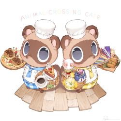 Rule 34 | 2boys, animal crossing, apron, blue apron, brewster (animal crossing), brothers, cake, cake slice, candy, chef hat, chef, cherry, coffee, copyright name, dom (animal crossing), eloise (animal crossing), food, fork, fruit, grey background, hat, holding, isabelle (animal crossing), jacket, looking at viewer, multiple boys, neckerchief, nintendo, plate, rover (animal crossing), ryota (ry o ta), siblings, simple background, timmy (animal crossing), tommy (animal crossing), twins, white jacket, wooden floor, yellow apron