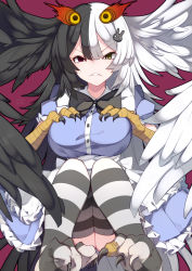 Rule 34 | absurdres, alternate costume, animal hands, bird legs, black bow, black bowtie, black feathers, black hair, black souls, black wings, blue dress, bow, bowtie, breasts, chinese commentary, claws, commentary request, dress, feathers, frown, hands on own breasts, harpy, head wings, heterochromia, highres, jubjub (black souls), large breasts, long hair, monster girl, multicolored hair, parted lips, pupa jiang, red background, red eyes, striped clothes, striped legwear, striped thighhighs, talons, thighhighs, torn clothes, torn legwear, two-tone hair, very long hair, white feathers, white hair, white wings, wings, yellow eyes