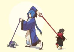 Rule 34 | 1girl, 2boys, black hair, blue hair, braid, child, diting (the legend of luoxiaohei), faceless, funamushi (1221), lanxi zhen, laojun (the legend of luoxiaohei), leash, long hair, long sleeves, lying, meme, multiple boys, on side, sandals, shadow, shoes, luo xiaohei zhanji, very long hair, wide sleeves, xuan li (the legend of luoxiaohei), yellow background