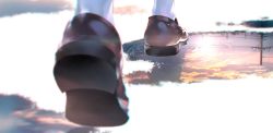 Rule 34 | 1girl, blurry, blurry background, brown footwear, depth of field, feet, highres, loafers, original, outdoors, puddle, reflection, ripples, shoe soles, shoes, solo, sousou (sousouworks), sun, sunlight, utility pole, walking, water, white legwear