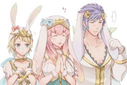 Rule 34 | 1boy, 2girls, alternate costume, animal ears, blonde hair, blue eyes, blue hair, breast envy, brother and sister, rabbit ears, closed mouth, crown, earrings, est tm, closed eyes, fake animal ears, fire emblem, fire emblem heroes, fjorm (fire emblem), gloves, gradient hair, gunnthra (fire emblem), hair ornament, hrid (fire emblem), jewelry, long hair, long sleeves, multicolored hair, multiple girls, nintendo, open mouth, own hands together, parted lips, pectorals, pink hair, short hair, siblings, silver hair, simple background, sisters, spiked hair, upper body, veil, white background, white gloves