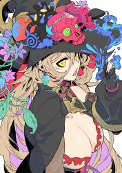 Rule 34 | absurdres, black headwear, black nails, blonde hair, breasts, cat, cleavage, clothing cutout, fang, gloves, hair between eyes, hat, highres, large breasts, long hair, nijisanji, nui sociere, nui sociere (1st costume), partially fingerless gloves, plant, skull, tetsu booya, very long hair, vines, virtual youtuber, witch hat, yellow eyes
