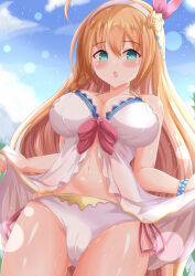 Rule 34 | 1girl, bare shoulders, bikini, blue sky, blush, breasts, brown hair, cameltoe, chestnut mouth, cloud, commentary request, day, flower, green eyes, hair between eyes, hairband, highres, large breasts, long hair, navel, open mouth, outdoors, pecorine (princess connect!), pecorine (summer) (princess connect!), princess connect!, rose, sky, solo, standing, swimsuit, very long hair, white bikini, white hairband, xenon (for achieve), yellow flower, yellow rose