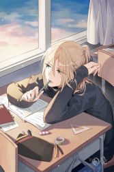 Rule 34 | 10s, 1boy, androgynous, blonde hair, book, curtains, desk, eraser, eyes visible through hair, half updo, ling (qq499324501), looking to the side, male focus, mouth hold, pale skin, pencil, pencil case, school desk, signature, solo, sunset, tape, window, yuri!!! on ice, yuri plisetsky
