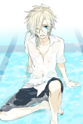 Rule 34 | 1boy, alternate costume, alternate hairstyle, arm support, bad source, bisuko, black pants, blonde hair, blue eyes, cloud strife, collared shirt, crossed legs, day, final fantasy, final fantasy vii, full body, highres, in water, knee up, male focus, one eye closed, open mouth, pants, pool, shirt, short hair, short sleeves, sitting, smile, solo, third-party source, wet, wet clothes, wet hair, white shirt