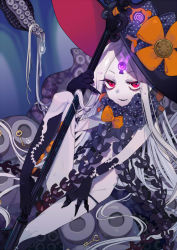 Rule 34 | 1girl, abigail williams (fate), abigail williams (third ascension) (fate), black panties, bow, colored skin, commentary, commission, fate/grand order, fate (series), fua yuu, glowing, glowing eyes, hat, hat bow, holding, holding key, key, keyhole, light purple hair, looking at viewer, lowleg, lowleg panties, oversized object, panties, purple skin, red eyes, ribbon, skeb commission, skinny, smile, solo, tentacles, underwear, witch hat