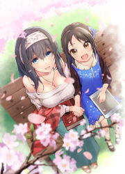 Rule 34 | 10s, 2girls, :d, age difference, bare shoulders, bench, black hair, blue eyes, blurry, blush, book, bow, branch, breasts, brown eyes, brown hair, cherry blossoms, child, cleavage, depth of field, flower, from above, hair bow, hairband, holding hands, idolmaster, idolmaster cinderella girls, jewelry, large breasts, long hair, looking at viewer, looking up, mary janes, multiple girls, necklace, off-shoulder, off-shoulder sweater, off shoulder, onee-loli, open mouth, outdoors, pendant, petals, ribbed sweater, sagisawa fumika, shoes, side-by-side, sitting, smile, socks, sweater, tablet pc, tachibana arisu, u (the unko), yuri