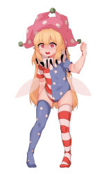 Rule 34 | 1girl, :o, @ @, absurdres, american flag dress, american flag legwear, bad id, bad pixiv id, blonde hair, blurry, clownpiece, commentary request, depth of field, fairy wings, flat chest, full body, hair between eyes, hand up, hat, highres, jester cap, long hair, looking at viewer, neck ruff, open mouth, pigeon-toed, pink eyes, polka dot headwear, round teeth, short sleeves, simple background, skindentation, solo, soya6479, standing, star (symbol), star print, striped clothes, striped thighhighs, tearing up, teeth, thick eyebrows, thighhighs, touhou, upper teeth only, very long hair, white background, wings