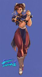 Rule 34 | 1990s (style), 1girl, 2019, blue background, blue dress, boots, bracelet, breasts, brown eyes, brown hair, brown pantyhose, bun cover, capcom, china dress, chinese clothes, chun-li, commentary, copyright name, cross-laced footwear, david liu, double bun, dress, earrings, english commentary, full body, hair bun, hair ribbon, highleg, highleg dress, highleg panties, highres, jewelry, knee boots, knees, large breasts, legs, long legs, narrow waist, panties, pantyhose, pelvic curtain, puffy short sleeves, puffy sleeves, retro artstyle, ribbon, short hair, short sleeves, side slit, smirk, solo, spiked bracelet, spikes, street fighter, street fighter ii (series), thick thighs, thighs, underwear, white footwear, white ribbon