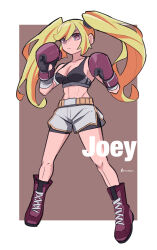 Rule 34 | 1girl, abs, amazu (kurozu), bare shoulders, bike shorts, black shorts, blonde hair, boots, boxing gloves, breasts, brown background, cleavage, closed mouth, commentary, commission, crop top, cross-laced footwear, english commentary, eyebrows hidden by hair, full body, grey shorts, highres, lace-up boots, long hair, looking at viewer, medium breasts, multicolored hair, navel, orange hair, original, purple eyes, purple footwear, short shorts, shorts, shorts under shorts, signature, solo, standing, streaked hair, thick eyebrows, twintails, two-tone background, very long hair, white background