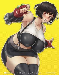Rule 34 | 1girl, alternate hairstyle, artist name, black hair, blush, breasts, curvy, final fantasy, final fantasy vii, grin, large breasts, looking at viewer, mikeymegamega, navel, red eyes, short hair, skirt, smile, solo, square enix, thick thighs, thighhighs, thighs, tifa lockhart, wide hips, yellow background, youtube logo