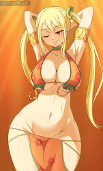 Rule 34 | 1girl, absurdres, alternate hairstyle, armpits, arms behind head, belly dancer, blonde hair, breasts, brown eyes, cleavage, curvy, dancer, dancer outfit, fairy tail, fairy tail: dragon cry, harem outfit, highres, large breasts, legs, long hair, lucy heartfilia, musaed art, navel, no panties, one eye closed, seductive smile, smile, solo, thick thighs, thighs, twintails, wide hips