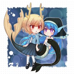 Rule 34 | 2girls, absurdres, antlers, black footwear, blonde hair, blue bow, blue shirt, blue skirt, bow, bright pupils, chibi, chinese commentary, commentary request, dragon tail, frilled headwear, head scarf, highres, holding another&#039;s tail, horns, jewelry, kicchou yachie, long hair, magatama, magatama necklace, mary janes, mask (boring mask), medium skirt, mermaid, monster girl, multiple girls, necklace, open mouth, outline, parted lips, pleated skirt, purple hair, red eyes, shirt, shoes, short hair, skirt, sleeves past elbows, slit pupils, socks, swept bangs, tail, touhou, white outline, white pupils, white socks