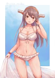 Rule 34 | 1girl, bikini, black hair, blue background, bracelet, breasts, brown eyes, cleavage, cloth, cowboy shot, frilled bikini, frills, front-tie top, hairband, haruna (kancolle), headgear, jewelry, kantai collection, long hair, looking at viewer, medium breasts, parted lips, solo, swimsuit, twitter username, white bikini, wss (nicoseiga19993411)