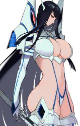 Rule 34 | 1girl, absurdres, ass, black hair, blue eyes, commentary, english commentary, ennuigrl, from side, highres, junketsu, katana, kill la kill, kiryuuin satsuki, lips, long hair, looking down, midriff, navel, revealing clothes, simple background, skindentation, solo, sword, thighhighs, thighs, weapon, white background, white thighhighs