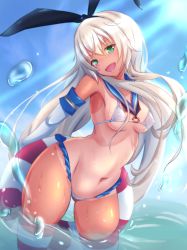 Rule 34 | 1girl, :d, arms behind back, bikini, black hairband, blue sky, breasts, buoy, cleavage, covered erect nipples, elbow gloves, female focus, gloves, green eyes, groin, hairband, highres, holding, holding swim ring, innertube, kantai collection, lifebuoy, light rays, long hair, looking at viewer, medium breasts, micro bikini, navel, o-ring, o-ring bikini, omnc-eng, open mouth, outdoors, panties, partially submerged, red legwear, shimakaze (kancolle), sky, smile, solo, standing, striped clothes, striped panties, swim ring, swimsuit, tan, tanline, underwear, wet, white bikini, white gloves, white hair, white legwear