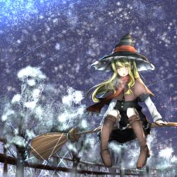 Rule 34 | 1girl, blonde hair, blush, boots, broom, broom riding, capelet, hat, kirisame marisa, long hair, open mouth, peach camellia, scarf, shooting star, sidesaddle, sky, snow, solo, star (sky), starry sky, touhou, winter clothes, witch hat, yellow eyes