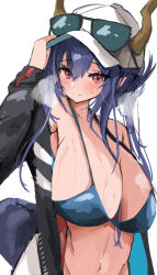 Rule 34 | arknights, bikini, black jacket, blue bikini, blush, breasts, ch&#039;en (arknights), ch&#039;en the holungday (arknights), cleavage, collarbone, dragon horns, dragon tail, eyewear on head, hat, horns, jacket, large breasts, long hair, looking at viewer, navel, open clothes, open jacket, purple hair, red eyes, steam, sunaneko, sunglasses, swimsuit, tail, upper body, wet, wet clothes, wet hair, white background