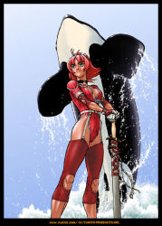Rule 34 | ahoge, belt, breasts, cleavage, collar, foam, gloves, green eyes, jumping, kishiro yukito, large breasts, migma, one-piece swimsuit, orca, red hair, ruliya, sheath, shell, short hair, sky, smile, standing, suichuu kishi, swimsuit, sword, weapon