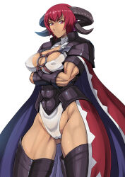 1girl abs armor arms_under_breasts backward_facing_horns breasts cape chiyu_mahou_no_machigatta_tsukaikata cleavage closed_mouth crossed_arms dark-skinned_female dark_skin demon_girl demon_horns expressionless gluteal_fold greaves groin horns large_breasts leotard looking_at_viewer pink_eyes red_cape red_hair shopyun short_hair shoulder_armor simple_background solo toned toned_female vambraces vergrett_amila white_background white_leotard