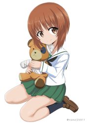 Rule 34 | 10s, 1girl, black neckerchief, black socks, blouse, boko (girls und panzer), brown eyes, brown hair, closed mouth, commentary, full body, girls und panzer, green skirt, holding, holding stuffed toy, loafers, long sleeves, looking at viewer, miniskirt, neckerchief, nishizumi miho, one-hour drawing challenge, ooarai school uniform, pleated skirt, school uniform, serafuku, shibagami, shirt, shoes, short hair, simple background, sitting, skirt, smile, socks, solo, stuffed animal, stuffed toy, teddy bear, twitter username, wariza, white background, white shirt