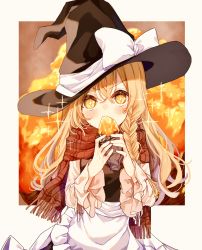 Rule 34 | + +, 1girl, apron, black hat, black vest, blonde hair, blush, bow, braid, commentary request, eating, food, haru (unfu3432), hat, hat bow, highres, kirisame marisa, long hair, looking at viewer, plaid, plaid scarf, red scarf, scarf, single braid, sleeves past elbows, solo, sweet potato, touhou, upper body, v-shaped eyebrows, vest, waist apron, white apron, white bow, witch hat, yellow eyes