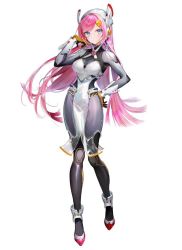 Rule 34 | 1girl, black footwear, blue eyes, bodysuit, boots, breasts, dress, gloves, hair ornament, hairclip, hand on own hip, humanization, kirby: planet robobot, kirby (series), long hair, looking at viewer, mi (mm), nintendo, pelvic curtain, pink hair, robot ears, simple background, solo, susie (kirby), very long hair, white background, white dress, yellow gloves