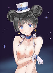 Rule 34 | 1girl, artist request, black hair, blue eyes, blunt bangs, blush, breasts, character request, choker, copyright request, double bun, earrings, gloves, gradient background, hair bun, hair up, hat, houkago no pleiades, itsuki (houkago no pleiades), jewelry, looking at viewer, mini hat, mini top hat, namuya, nipples, short hair, sky, smile, solo, star (symbol), top hat, upper body